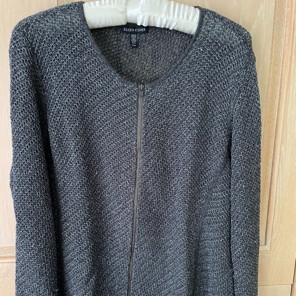 Eileen Fisher Black Open-weave Zip-front Cardigan Size Medium